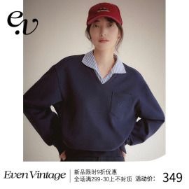 Even Vintage早春叠穿感 拼接条纹假两件字母刺绣休闲简约卫衣女