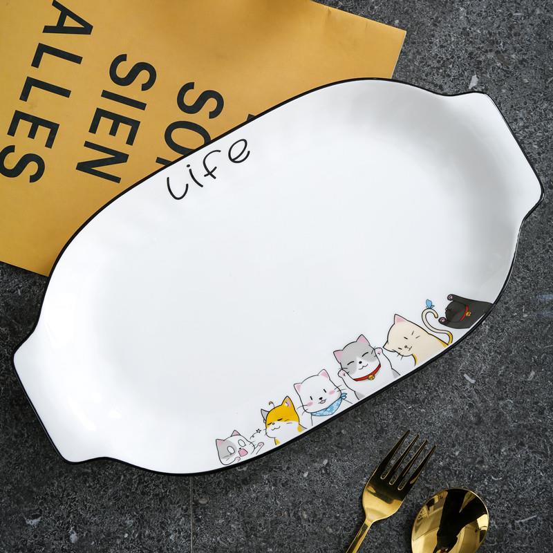 创意双耳鱼盘家用微波炉蒸鱼盘子北欧简约陶瓷长方形大号餐厅菜盘