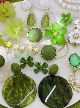 【琼康耳饰】绿色系花朵耳钉女2024年新款森系清新耳环小众设计感