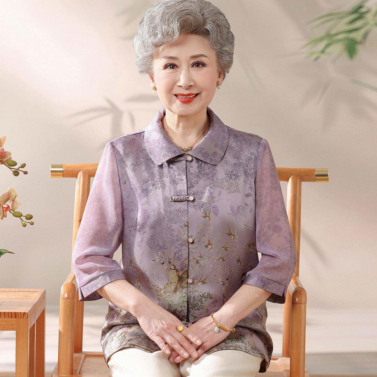 民族风中老年人衬衫女开衫夏装桑蚕丝100%套装奶奶真丝翻领上衣薄