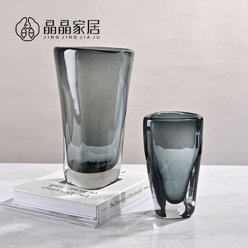 现代简约灰色厚重水晶玻璃花瓶样板房客厅别墅玄关办公桌软装饰品