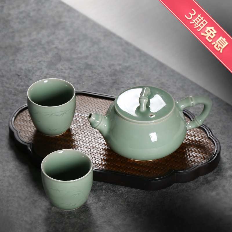 青瓷龍泉手工刻花茶壺單壺功夫茶具一壺兩杯禮盒陶瓷泡茶茶壺家用