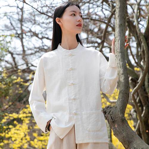 正品棉麻中国风外套秋款禅意茶女服复扣民族古风上衣盘苎麻立领太