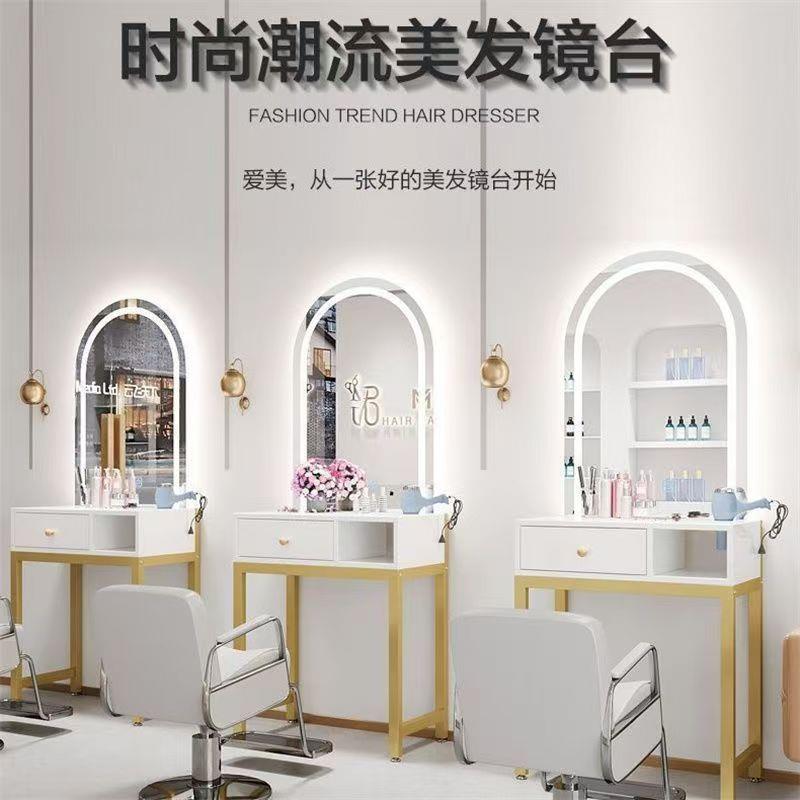专业理发店网红款镜台美发店带灯镜子发廊免打孔一体剪发镜