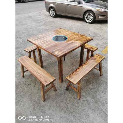 实木火锅桌椅组合商用烧烤桌子电磁炉一体火锅桌正方桌小吃店饭店