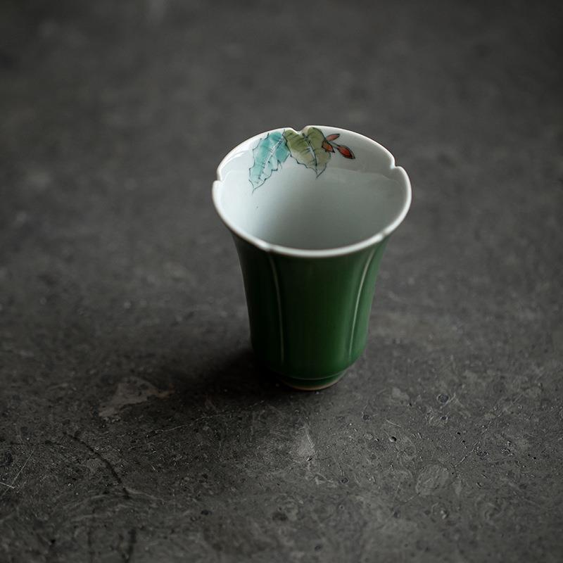 松花绿手绘釉下彩品茗杯花口陶瓷闻香杯绿了芭蕉文人喝茶杯