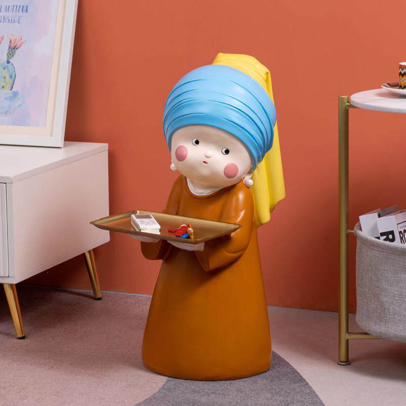 戴珍珠耳环少女大型落地摆件客厅沙发旁收纳托 托盘装饰品乔迁礼