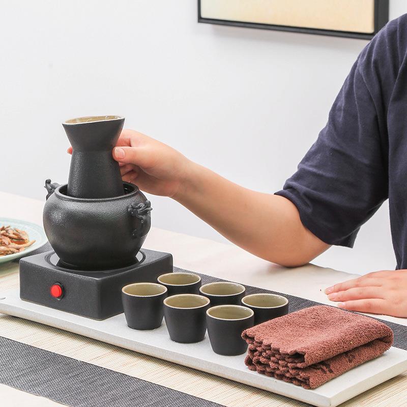 黑陶双龙烛台温酒器烫酒壶 家用陶瓷电加热黄酒酒盅分酒 酒具套装