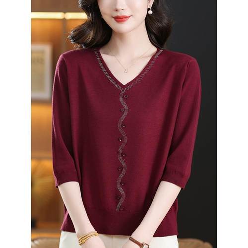 中年妈妈装V领针织衫女春秋季加肥大码遮肚打底宽松七分袖薄上衣