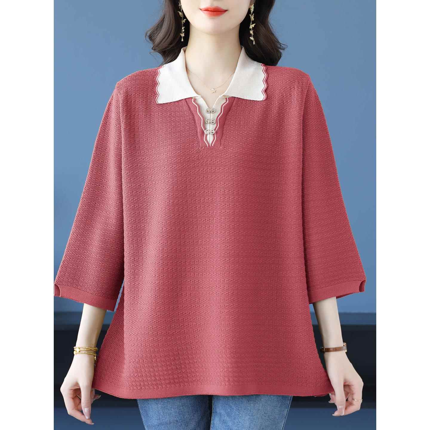 洋气中年妈妈初秋冰丝针织衫加肥加大码宽松遮屁股翻领上衣t恤女