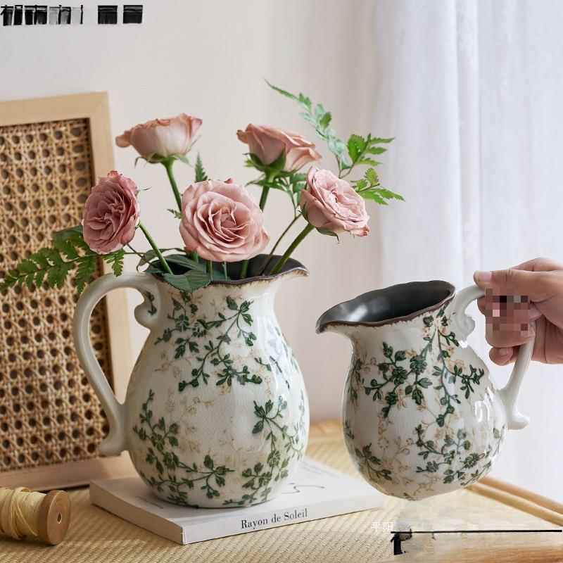 美式乡村冰裂奶壶陶瓷花瓶田园风水养插花摆件装饰品复古创意手提