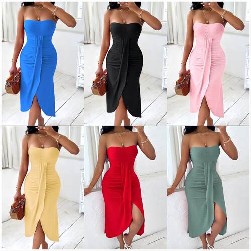 Casual Fitted Plain Dress Strapless Sleeveless Design for