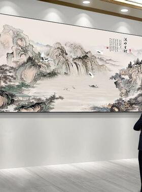流水生财山水画客厅挂画沙发背景墙装饰画办公室靠山图大气壁画