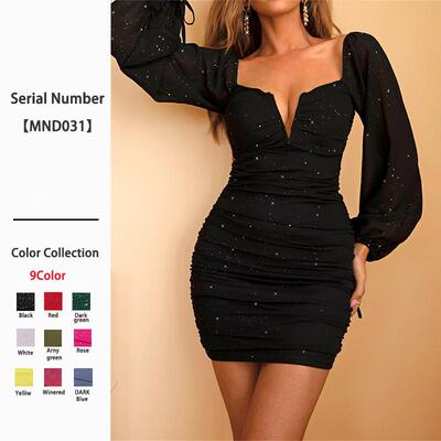 Long sleeved deep dress women's tight black hip hugging