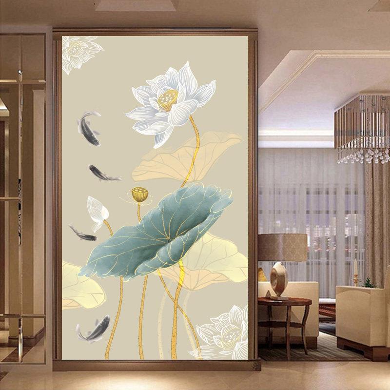 手绘荷花现代玄关简约花鸟墙面装饰中式客厅走廊过道壁布油画贴画