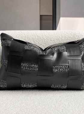 代简约样板间靠枕现沙发靠垫黑色小肌理镂空革民腰靠宿皮酒WFD店