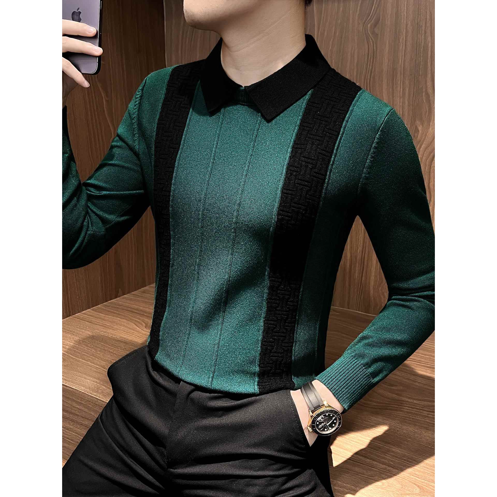假两件衬衫领针织衫男款2025新款长袖男士打底衫内搭秋冬薄1204e