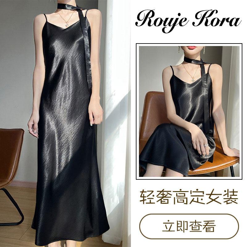 Rouje Kora法式缎面吊带连衣裙女士夏季高端精致长裙修身优雅裙子
