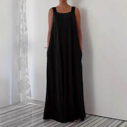 Plus Size Color Block Wide Strap Dress Casual Pocket