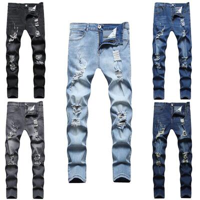 Men's Plain Ripped Straight Leg Jeans Street Fashion