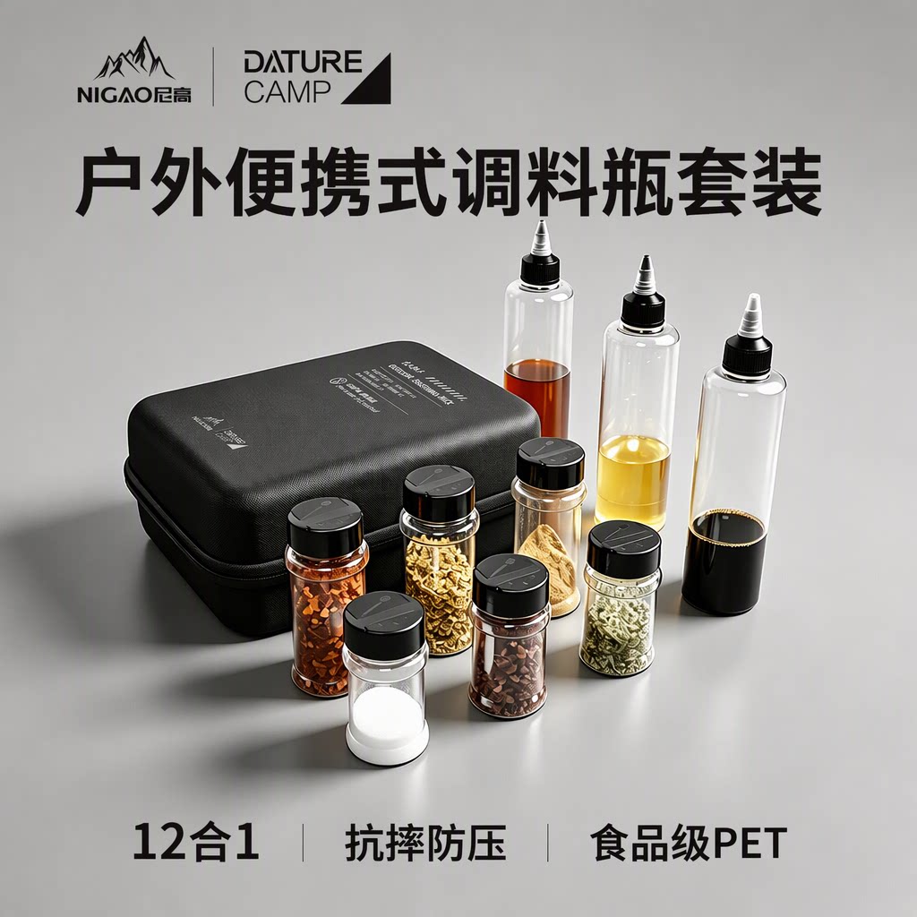 尼高12合1户外便携调料瓶套装露营烧烤油盐酱醋食品级分瓶收纳包