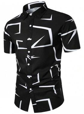 N 42336 Geometric print men's short shirt 几何印花翻领短袖衫