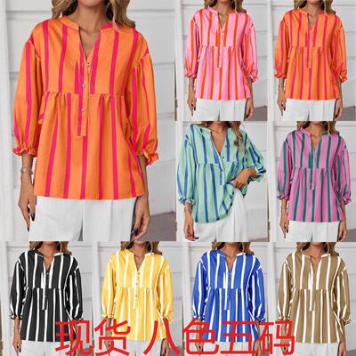 Womens Puff Sleeve Babydoll Tops Summer V Neck Striped
