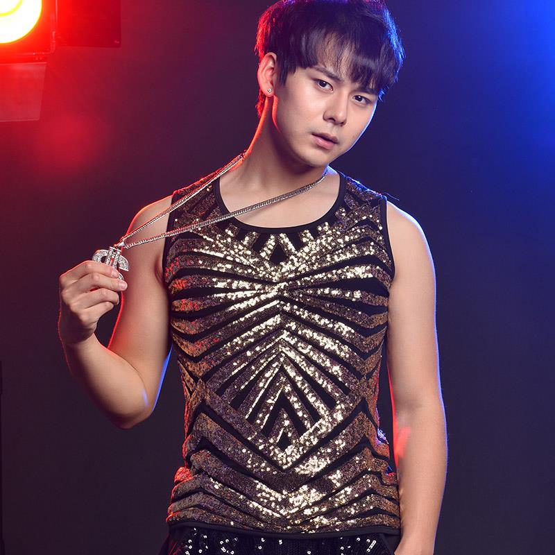 正品酒吧夜店潮男装 舞蹈 歌手演出服 舞台 男定制心 金色 亮片背图片