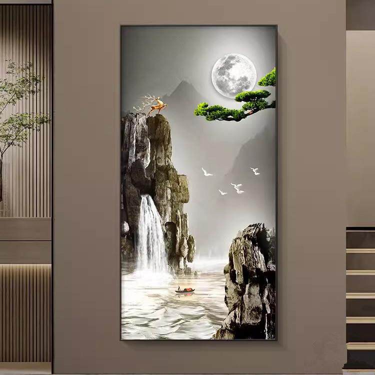 IMUED带灯流水生玄关装饰画山水画书房财挂画户入L客厅走廊过道壁