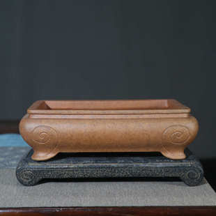 唯唯段家觅陶盆长方形精品珍乡蒲青灰高档盆景紫砂口手工盆珍