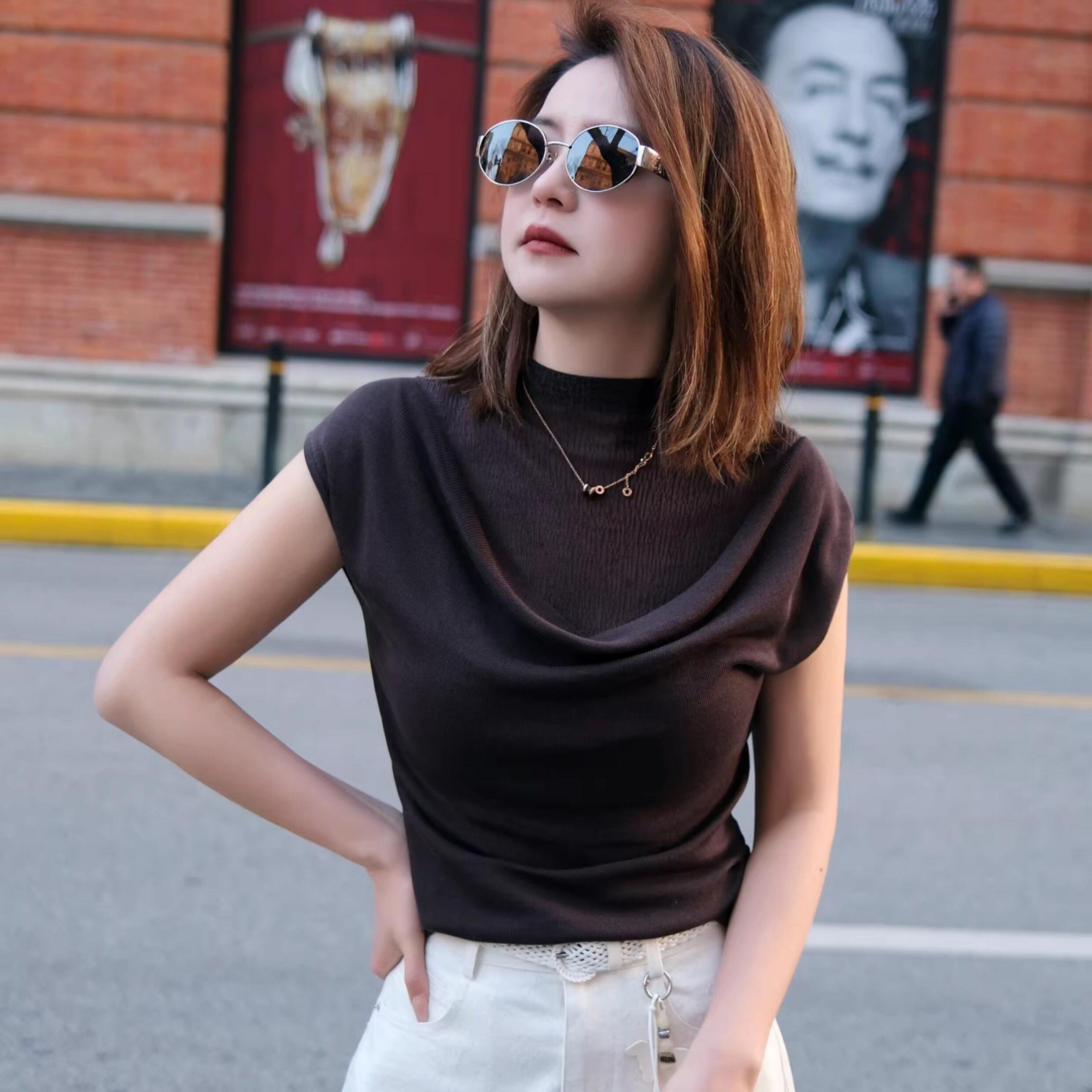 JOVKATTI随性松弛感修身荡领打底衫透感假两件内搭针织衫飞袖上衣