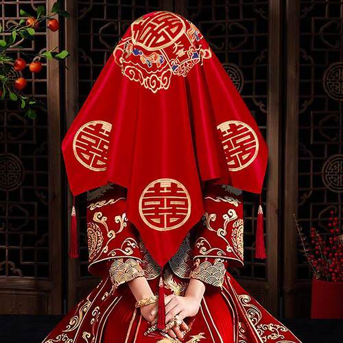 新娘红盖头2025新款结婚中式刺绣秀禾服头纱婚礼女方出嫁蒙头喜帕