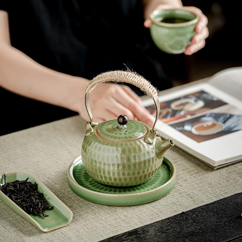 青瓷纹壶提复古风泡茶壶煮FEQ茶壶陶锤瓷家用功夫梁茶具竹绿釉单