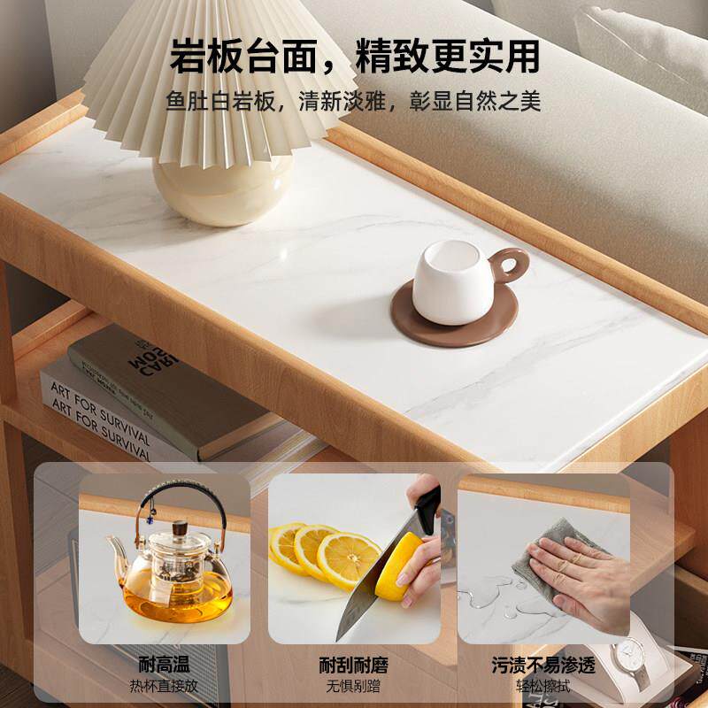 沙发边柜实木puang.20可几移床动茶边几岩板带轮茶水架茶台置物架