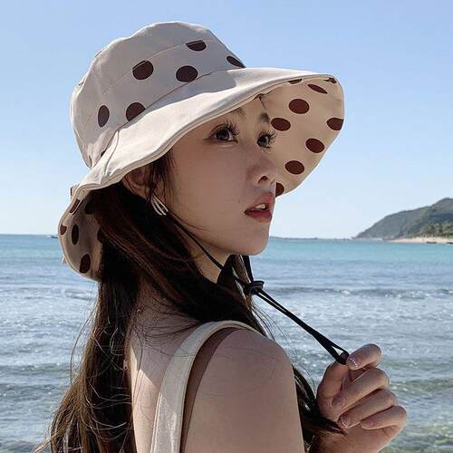 渔夫帽女夏季韩版潮户外圆点遮阳帽日系波点盆帽可折叠度假太阳帽