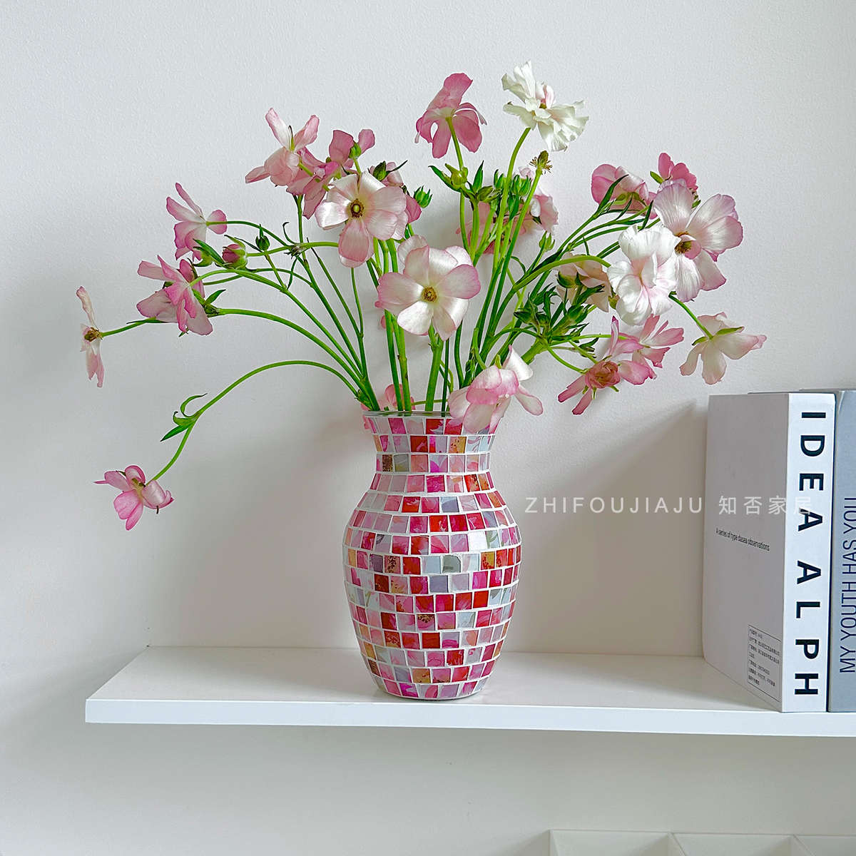 批发北欧风马赛克多彩轻奢家居装饰品 水养花插花器 玻璃粉花瓶