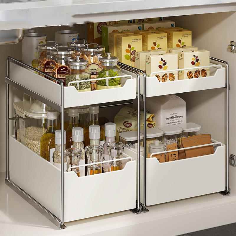 不锈钢厨房置物架下水槽调料锅具分层抽拉橱柜拉篮收纳整理置物架