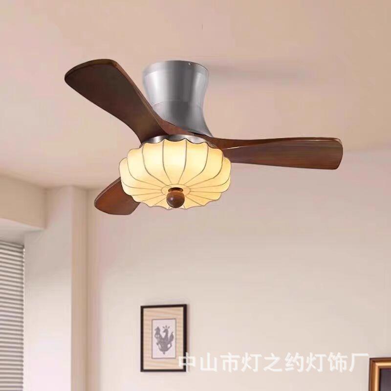 宋代美学风扇灯中古胡桃木布艺蚕丝客厅餐厅吊扇灯复古卧室书房灯