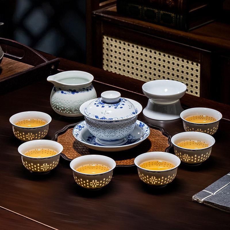 景德镇官方正品景德镇陶瓷功夫茶具套组纯白玲珑瓷盖碗茶杯高白瓷