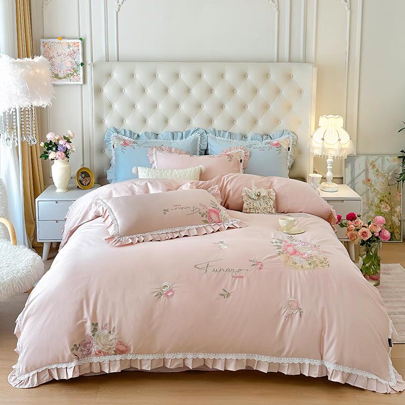 高端公主风100支匹马棉蕾丝刺绣贡缎全棉四件套四季亲肤丝滑床品4