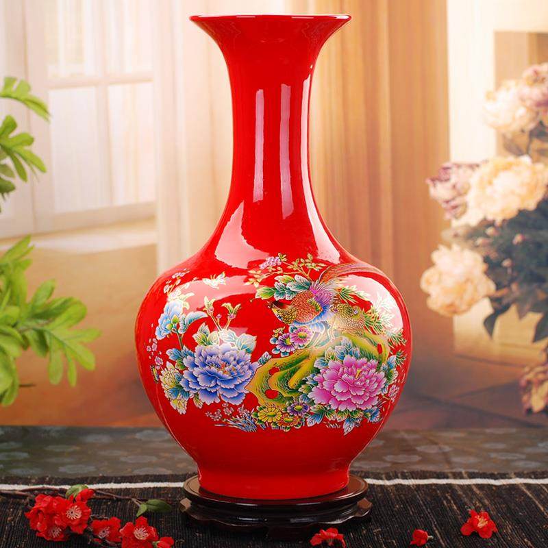 正品德中国迁红牡丹陶瓷花瓶镇摆件 客厅卧景室喜庆结婚乔送礼大