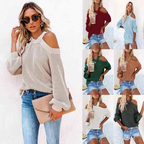 Elegant Round Neck Off-Shoulder Long Sleeve Women‘s Sweater