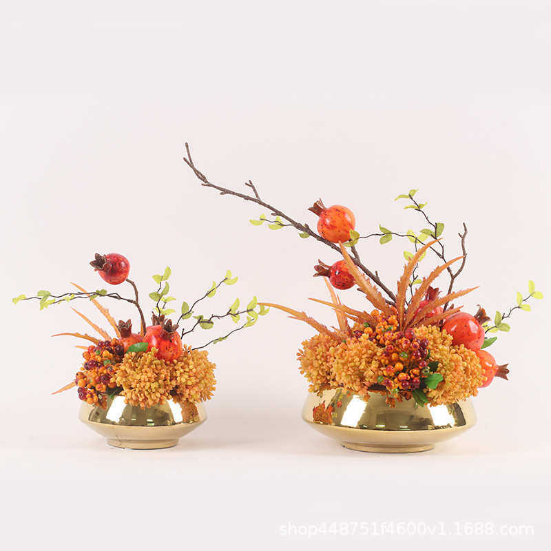 现代轻奢仿真花艺石榴陶瓷花器摆件新中式装饰样板房前台餐桌摆设