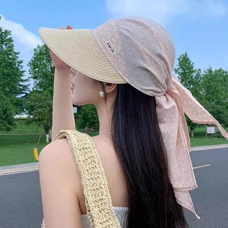 绑带丝巾草编帽子女防晒帽夏季新款遮发护颈遮阳帽太阳帽