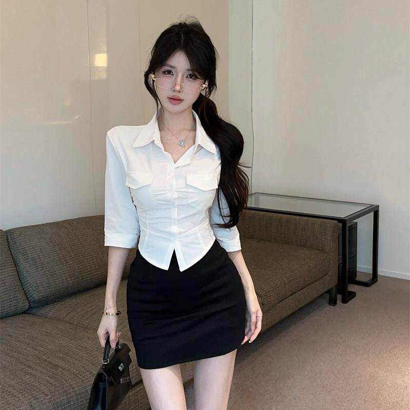 足浴技师工作服性感修身足疗高端女气质收腰中袖白衬衫包臀裙