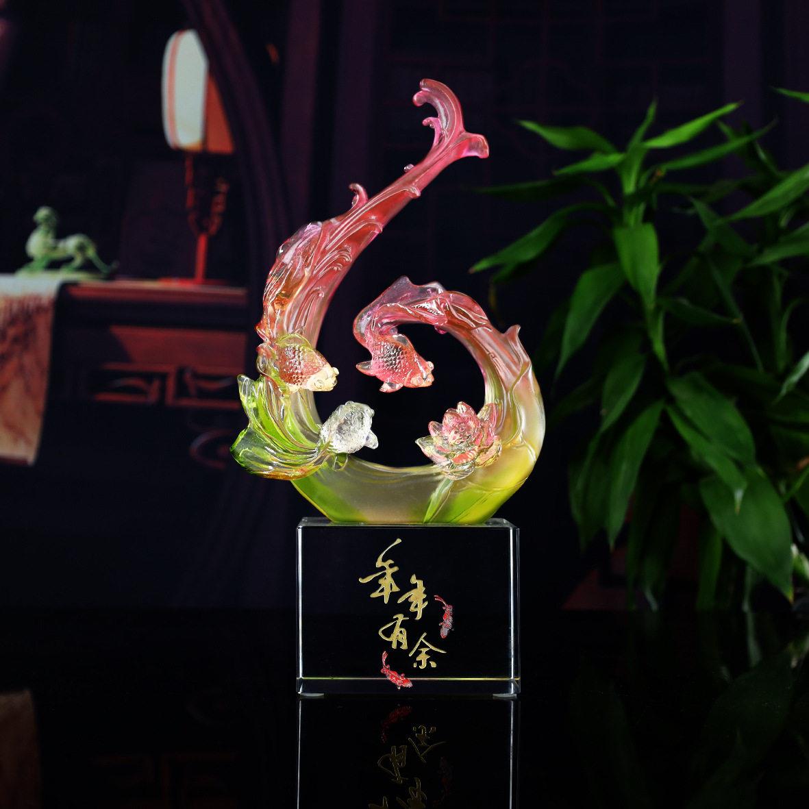 锋明琉璃工艺品金玉满堂创意档金鱼摆件家居可以装饰品店铺开业