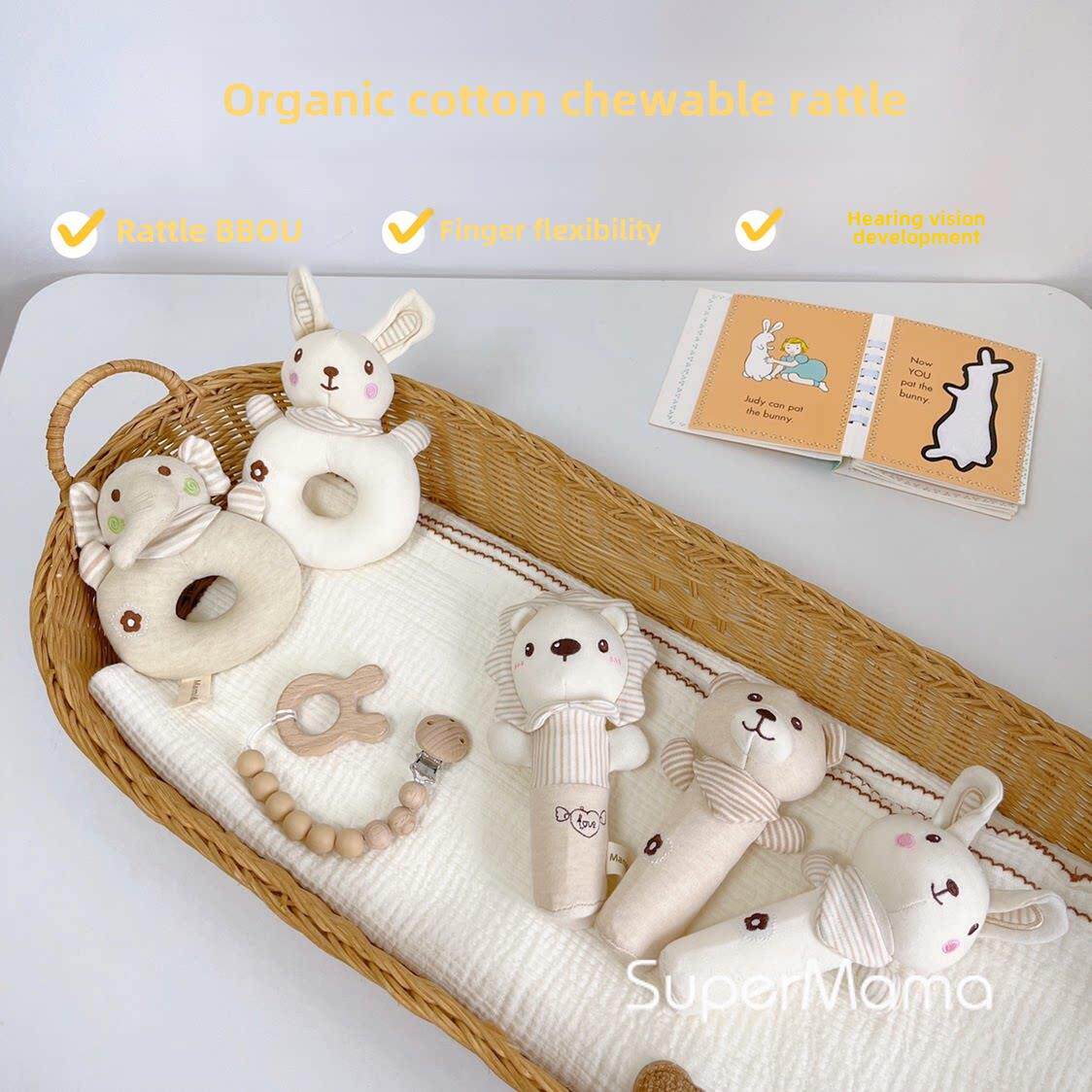 有机纯棉可啃咬宝宝手摇铃新生安抚手抓BB棒婴幼儿安抚玩具0-3月