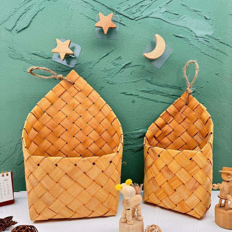 北欧手工编织木片篮田园壁挂花篮收纳筐覆古手提杂货厨具阳台挂篮