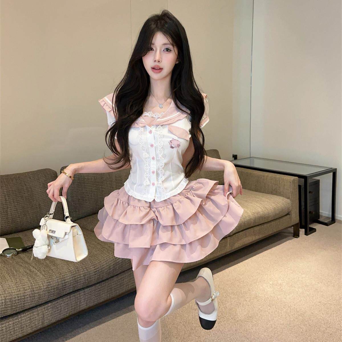 夏季新款甜美少女制服套装学院风海军领短袖衬衫高腰蓬蓬半身裙