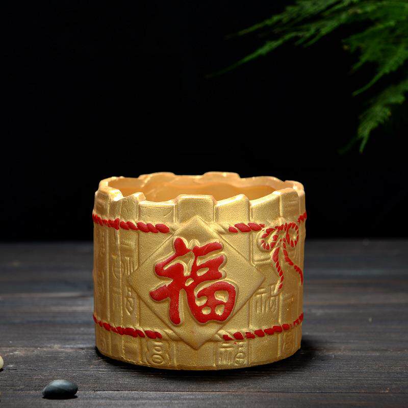 千载陶瓷 多肉花盆红陶复古 创意 单孔竹片福花盆 家居摆件